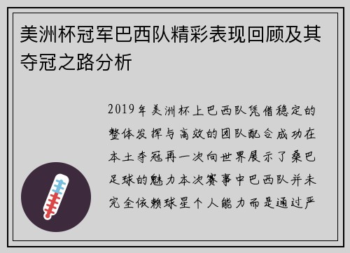 美洲杯冠军巴西队精彩表现回顾及其夺冠之路分析