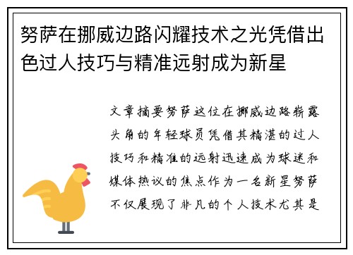 努萨在挪威边路闪耀技术之光凭借出色过人技巧与精准远射成为新星
