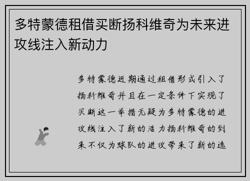 多特蒙德租借买断扬科维奇为未来进攻线注入新动力
