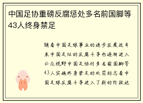 中国足协重磅反腐惩处多名前国脚等43人终身禁足